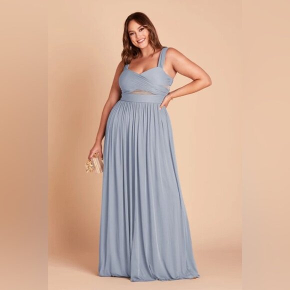 Birdy Grey Elyse Mesh Cutout Dusty Blue Bridesmaid Maxi Dress NWT - Picture 2 of 3